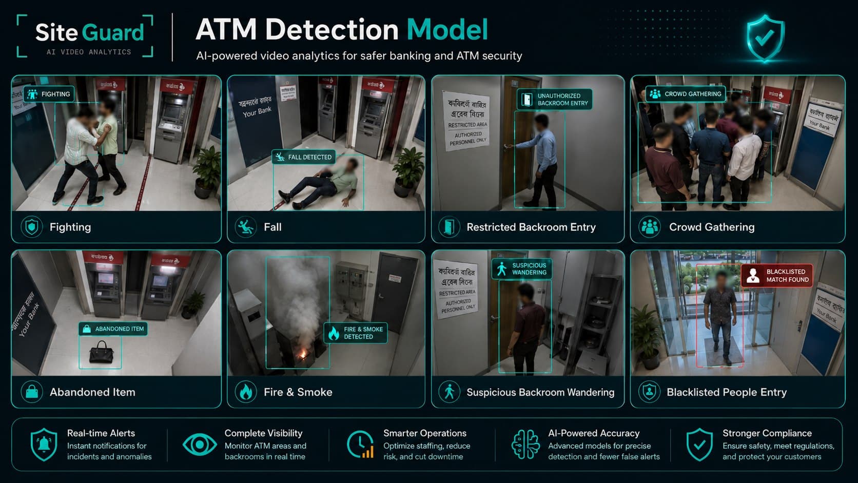 ATM detection models: fighting, fall, restricted backroom entry, crowd gathering, abandoned item, fire and smoke, wandering, blacklist