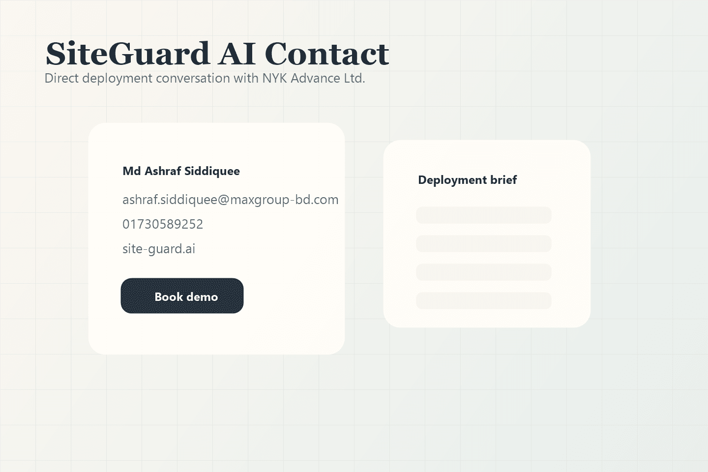 Generated SiteGuard contact hero showing direct contact details and deployment inquiry interface.