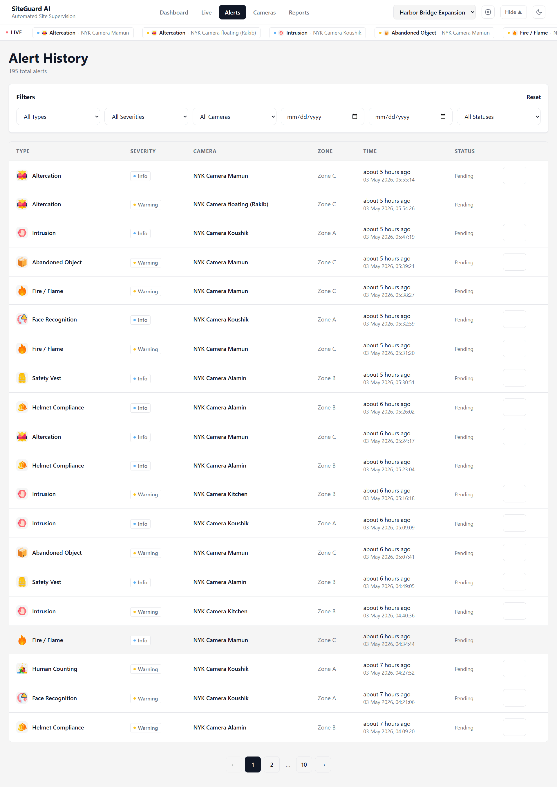 Alert stream cropped to highlight actionable detections.