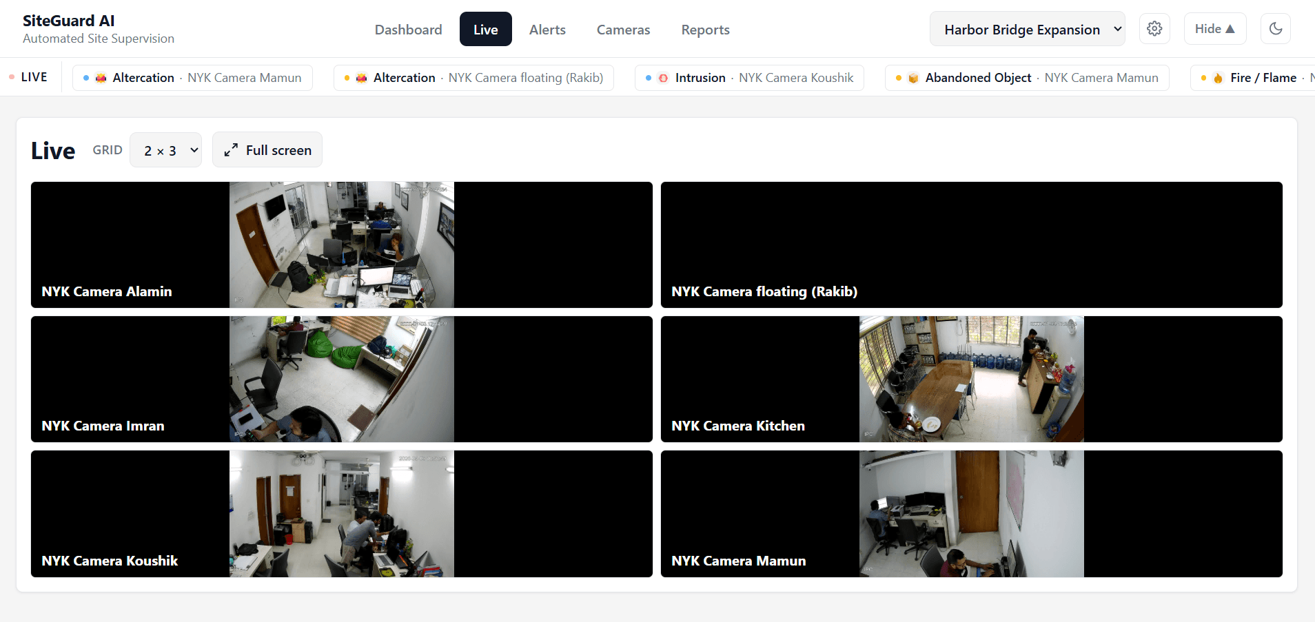 Live feed view showing multiple camera zones in SiteGuard AI.